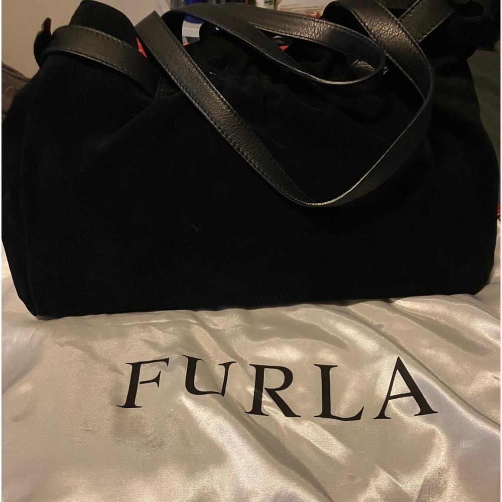 Furla black velvet handbag, excellent condition, no tags.